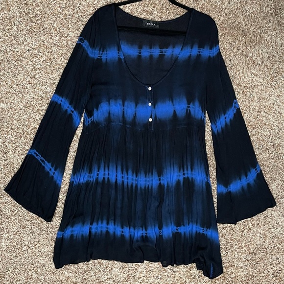 Black and blue tie dye wide sleeve shirt dress size large - Picture 1 of 2
